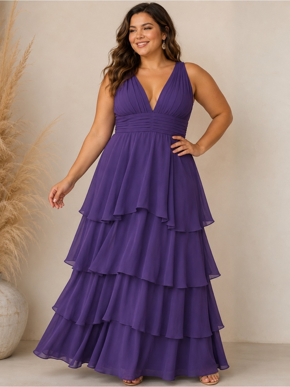 NWT Purple Tiered Chiffon Maxi Formal Dress 1X Estimated Bridesmaid Gown